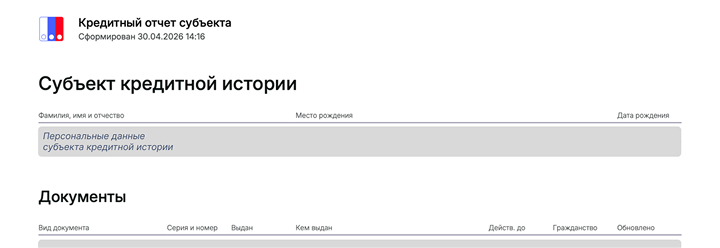 Пример раздела «Субъект кредитной истории» в отчете НБКИ